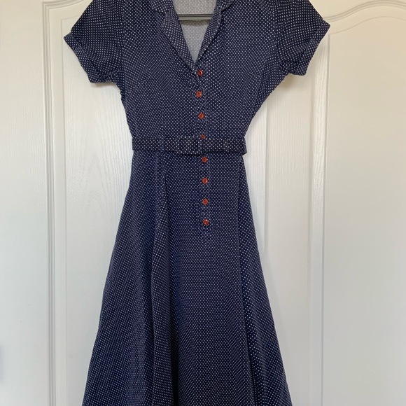 Collectif Dark Blue and White Polka Dot Shirt Dess - Picture 3 of 6